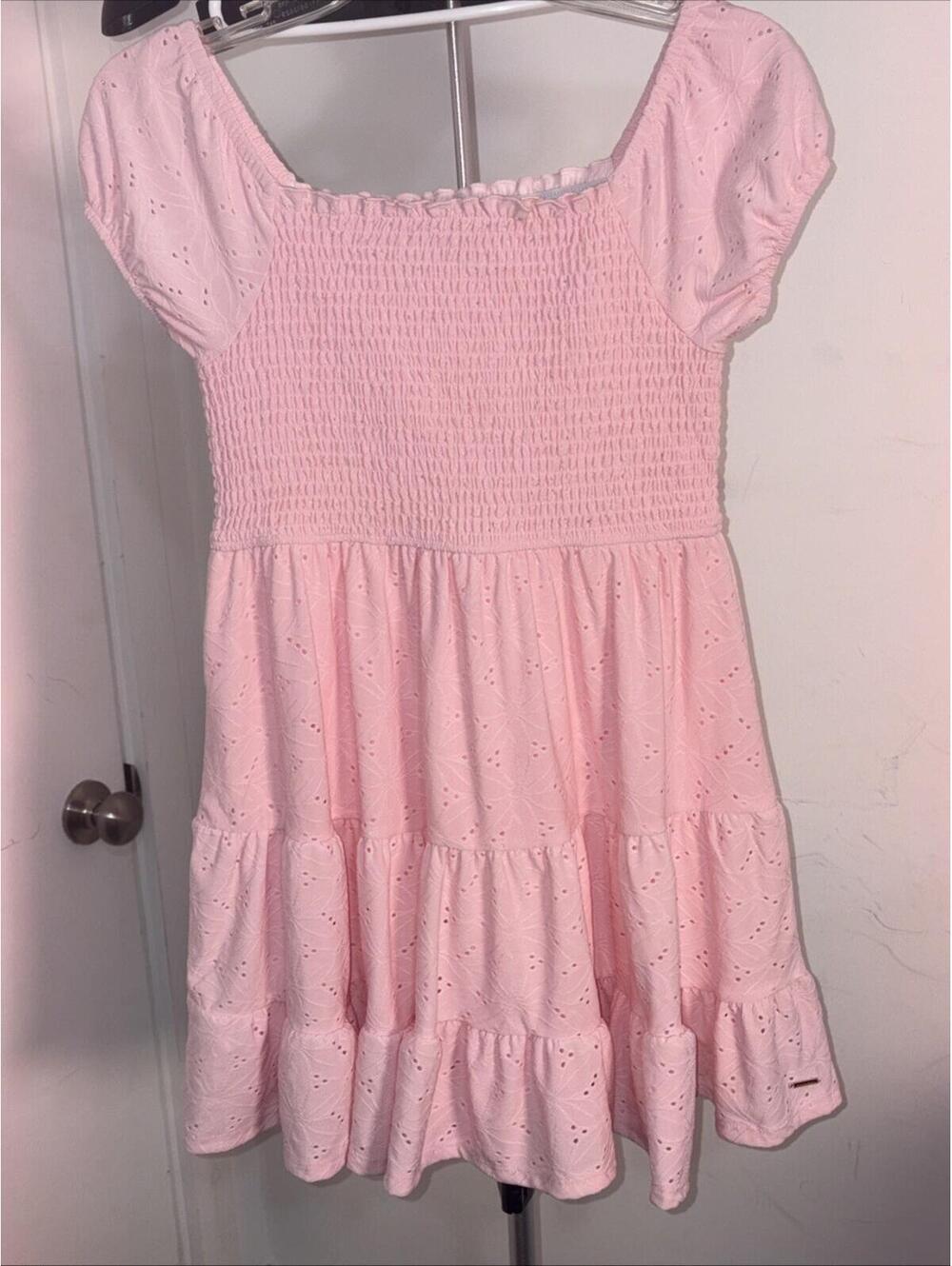Tahari Girls Pink Eyelet Tiered Ruffle‎ Smocked Off Shoulder Cottage Dress NWOT